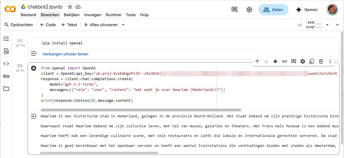 Een eenvoudige interactie tussen je script en GPT via de API.