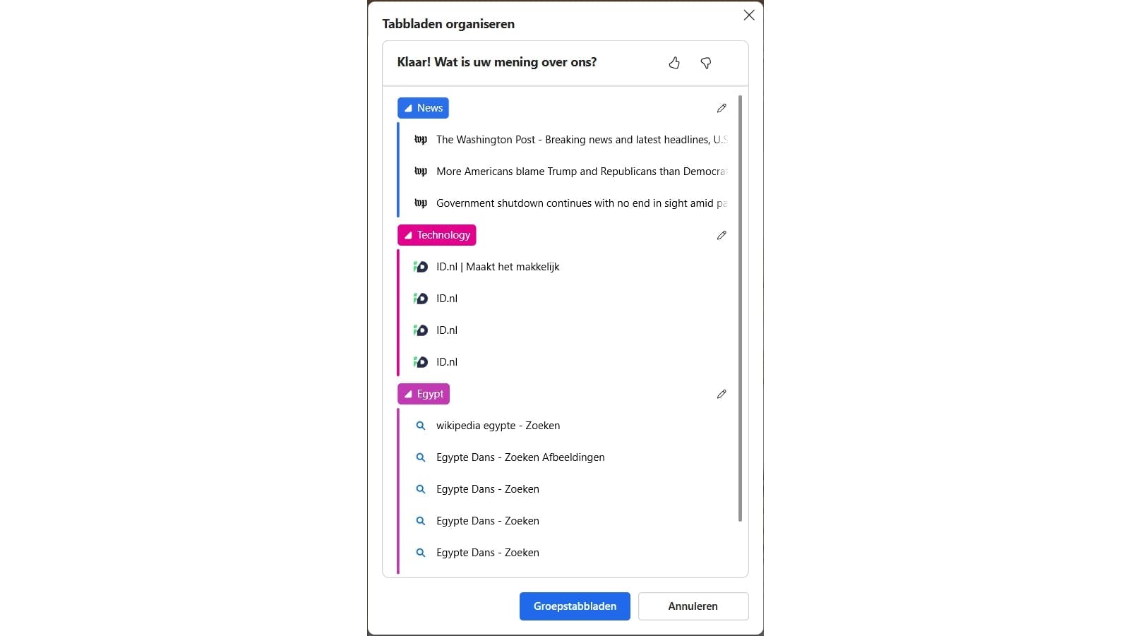 De AI toont eerst hoe hij de tabbladen zal organiseren.