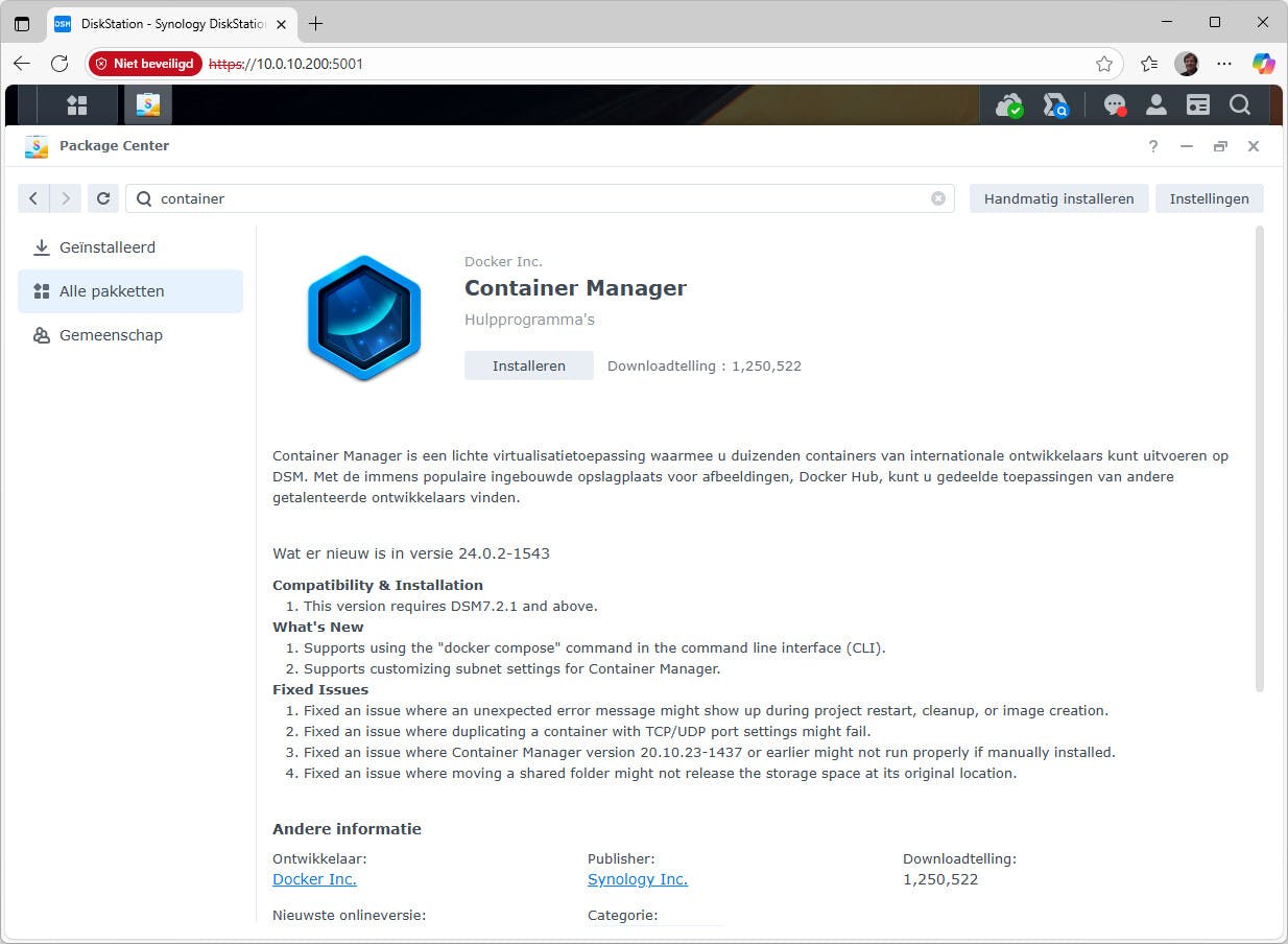 Container Manager kun je vinden in Synology Package Center.