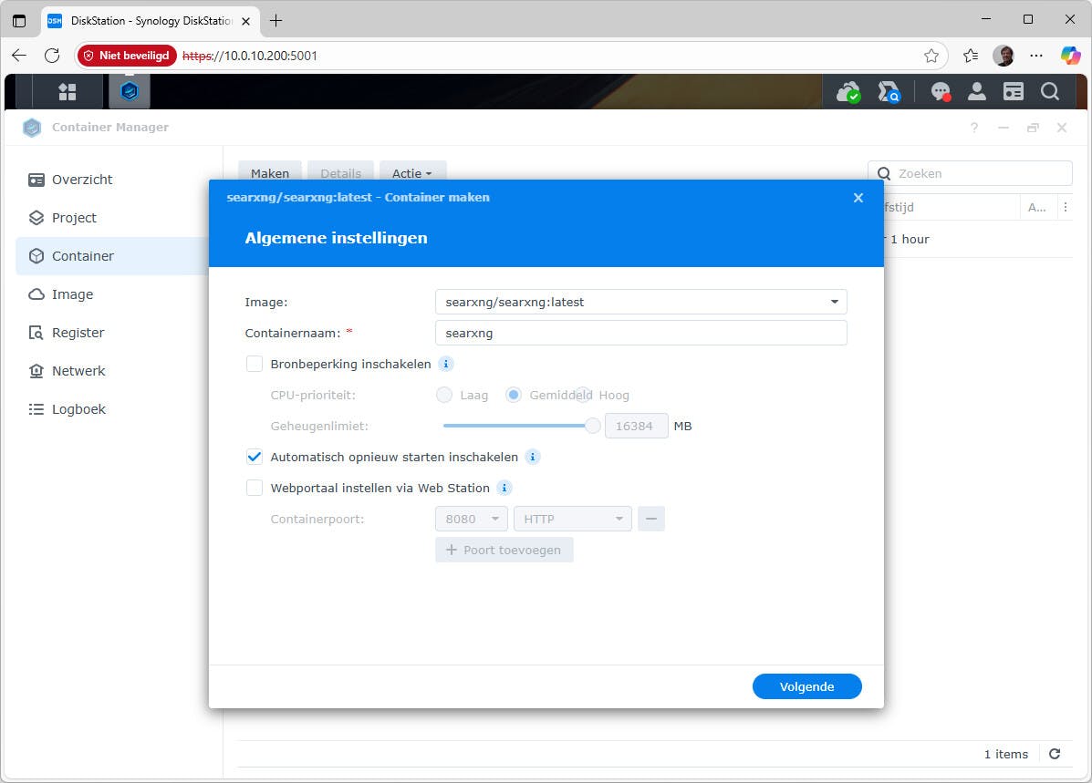 Via een wizard kies je vooraf de gewenste instellingen voor een container.