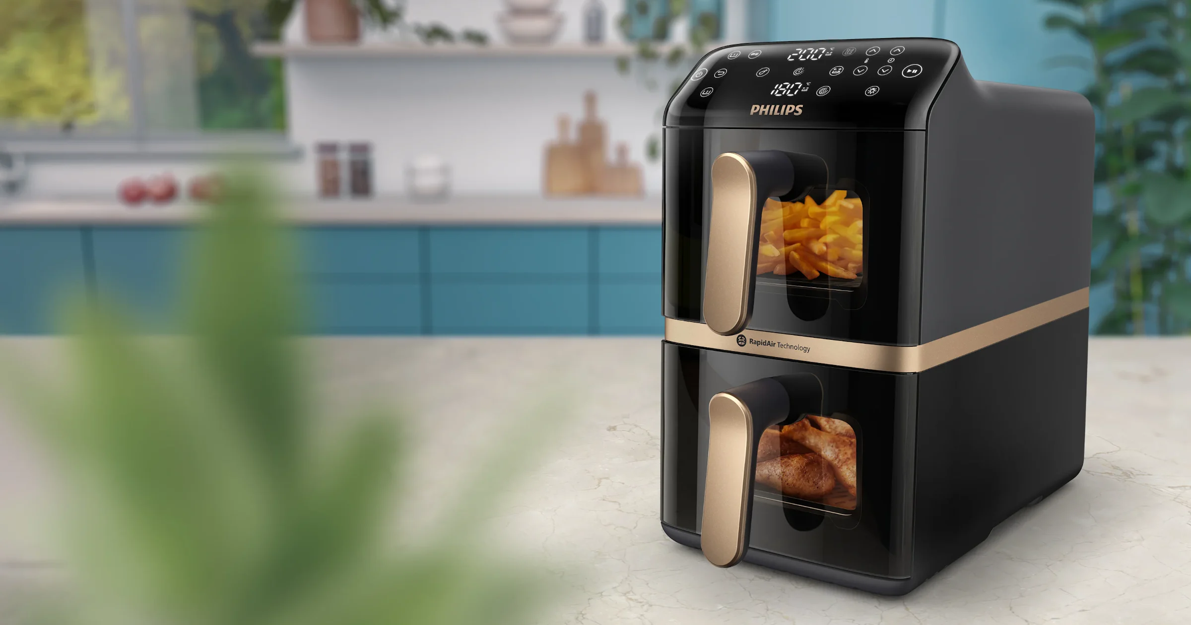 Nieuwe Philips Airfryer Dual Stacked 4000 bespaart bijna de helft aan ruimte op het aanrecht