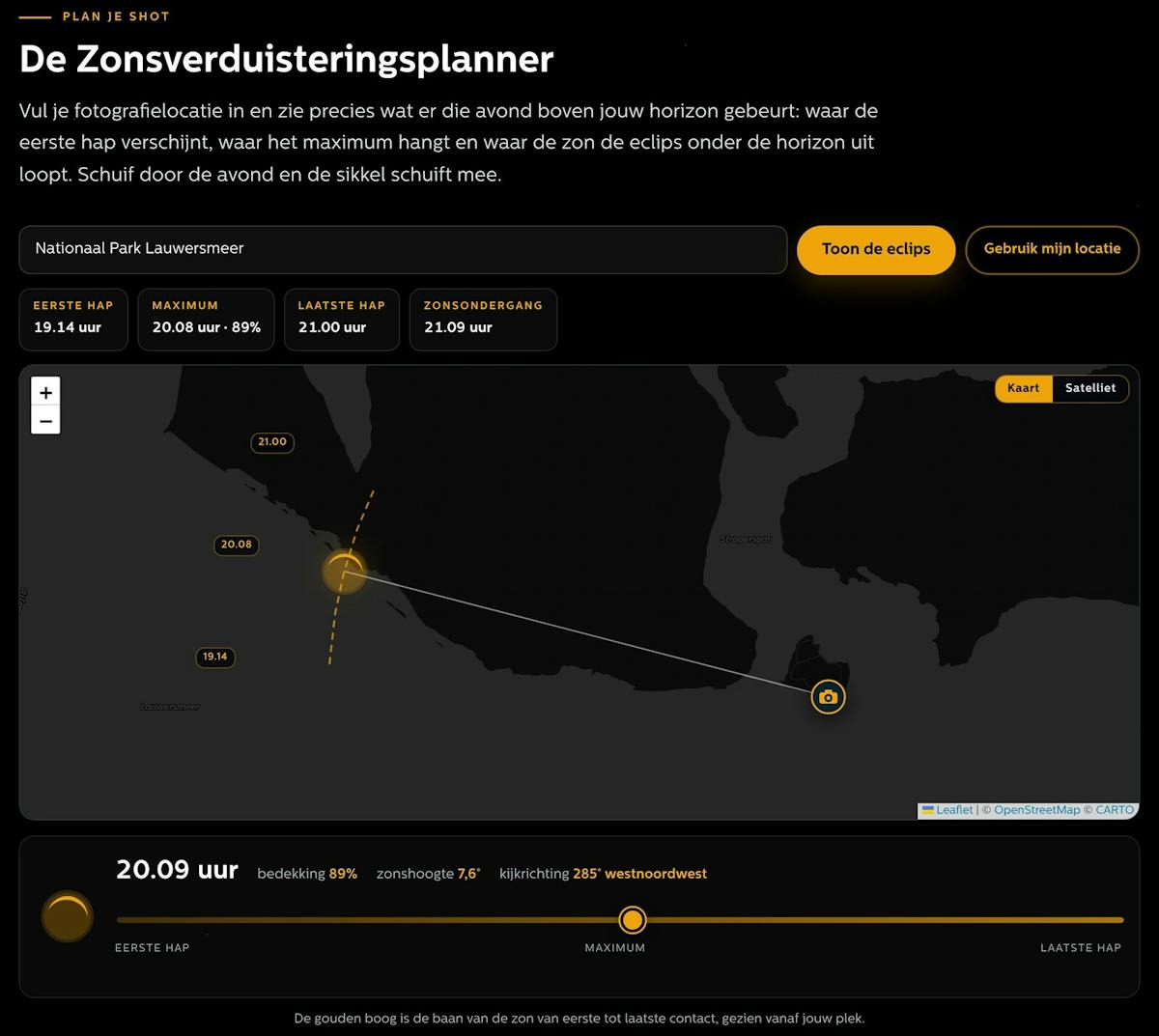 De Eclipsplanner ingesteld op het Lauwersmeer, nummer 1 uit deze lijst.