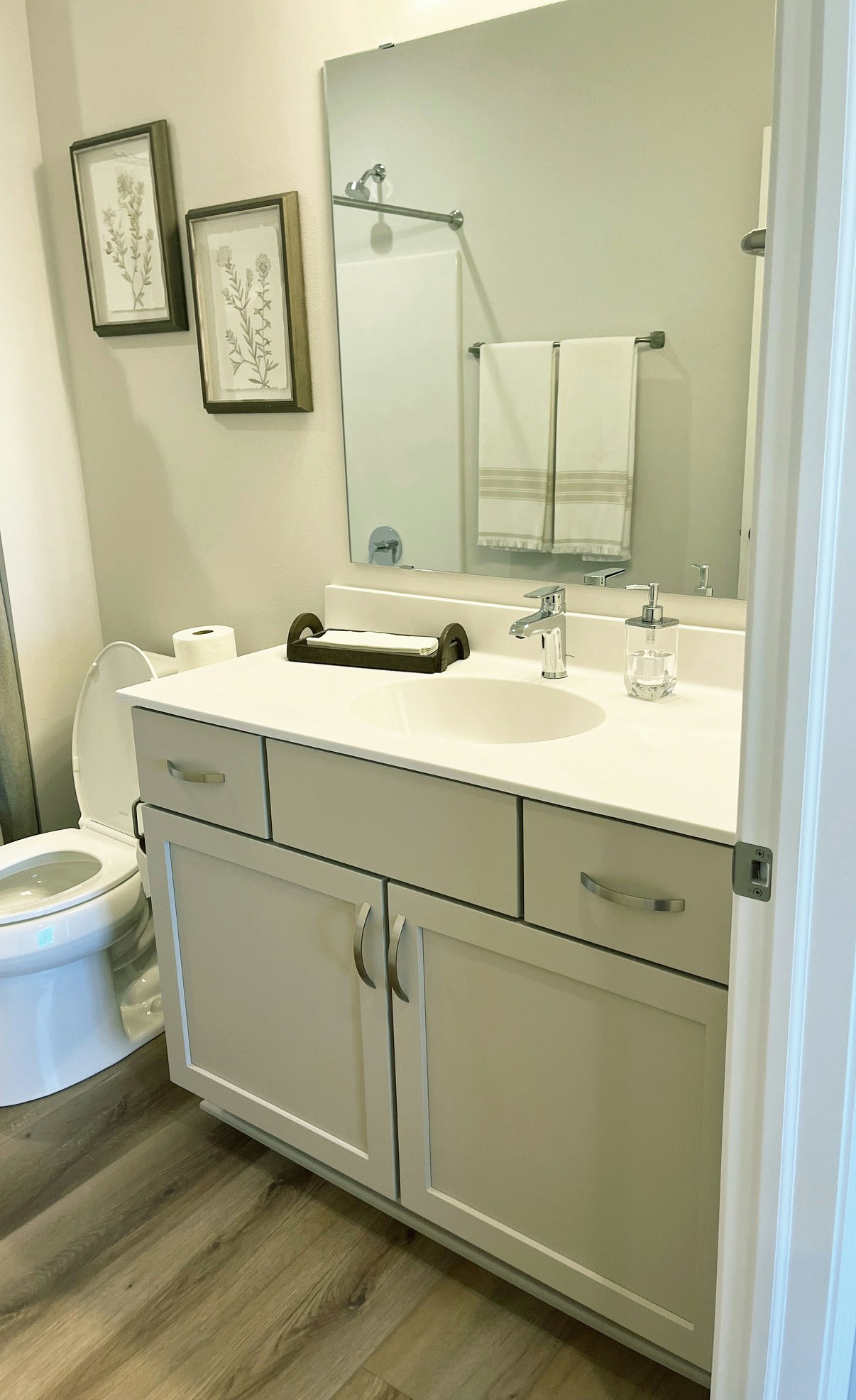 Bathrooms cabinets gallery photo featuring a Lexington, Painted Maple, Oyster finished product.