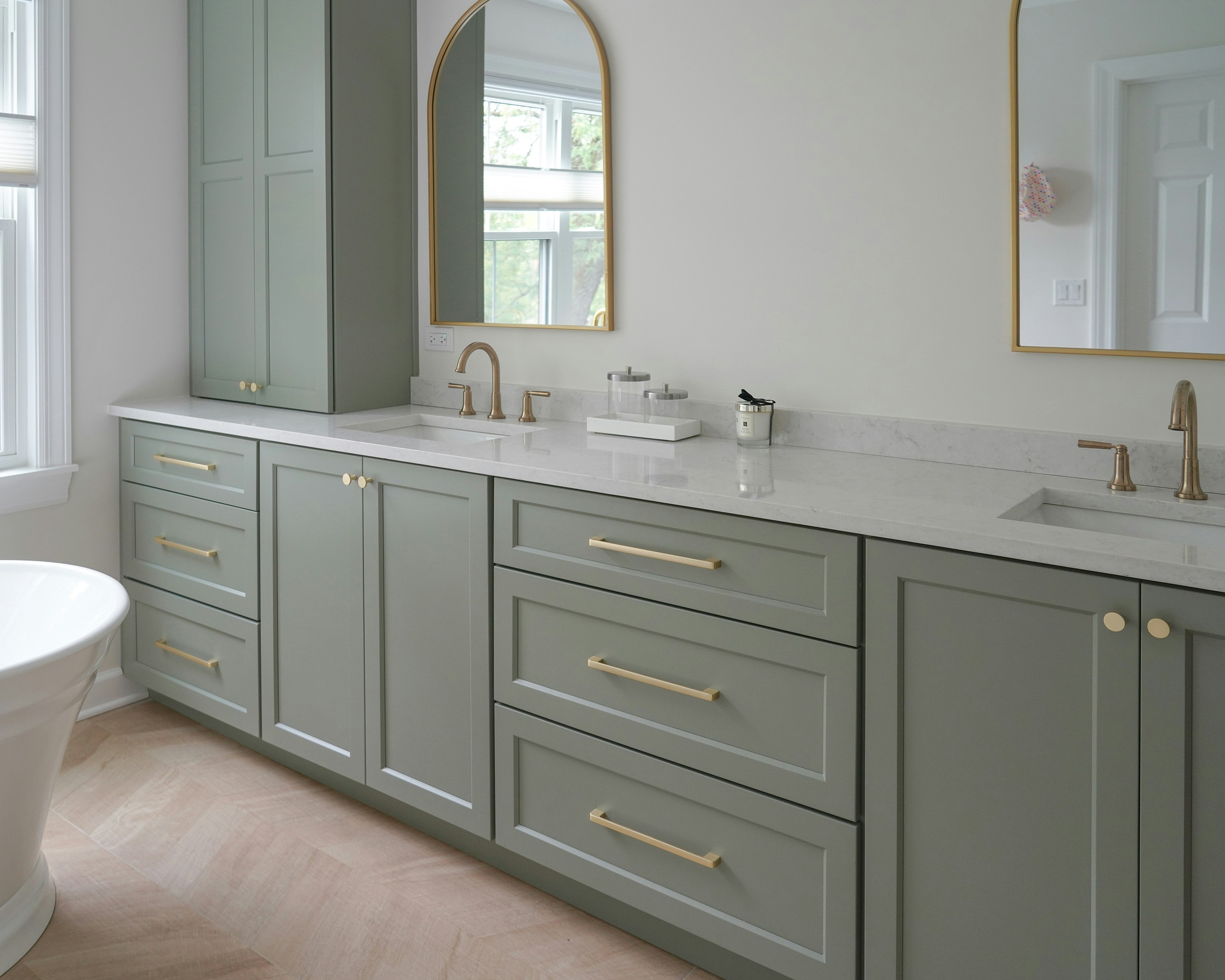 Bathrooms cabinets gallery photo featuring a Lancaster, Painted Maple, Moss finished product.