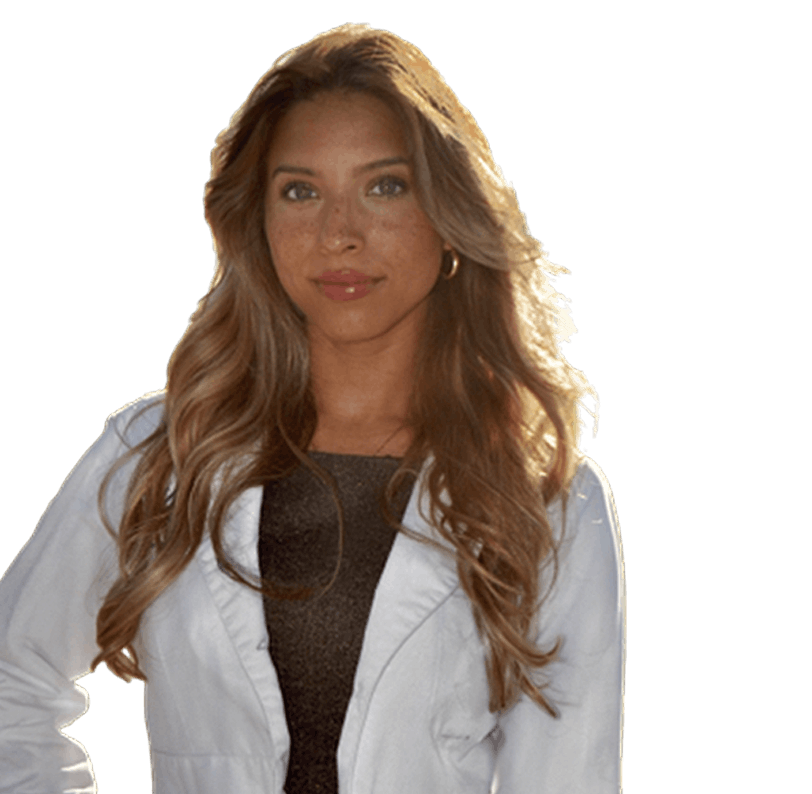 woman in a lab coat posing for a picture