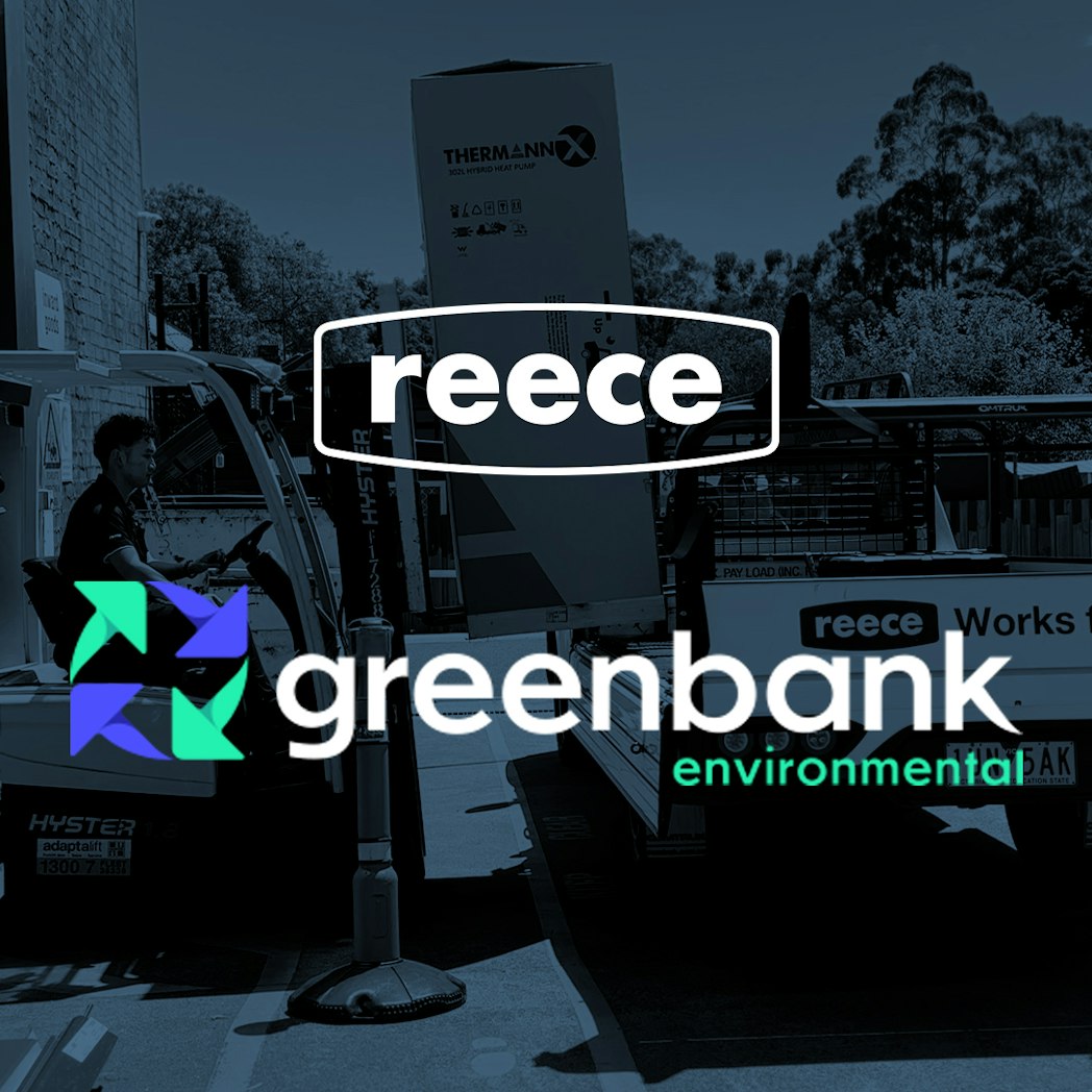 The Reece and Greenbank logos. The background image shows a heat pump hot water system being loaded by a forklift into a Reece ute.