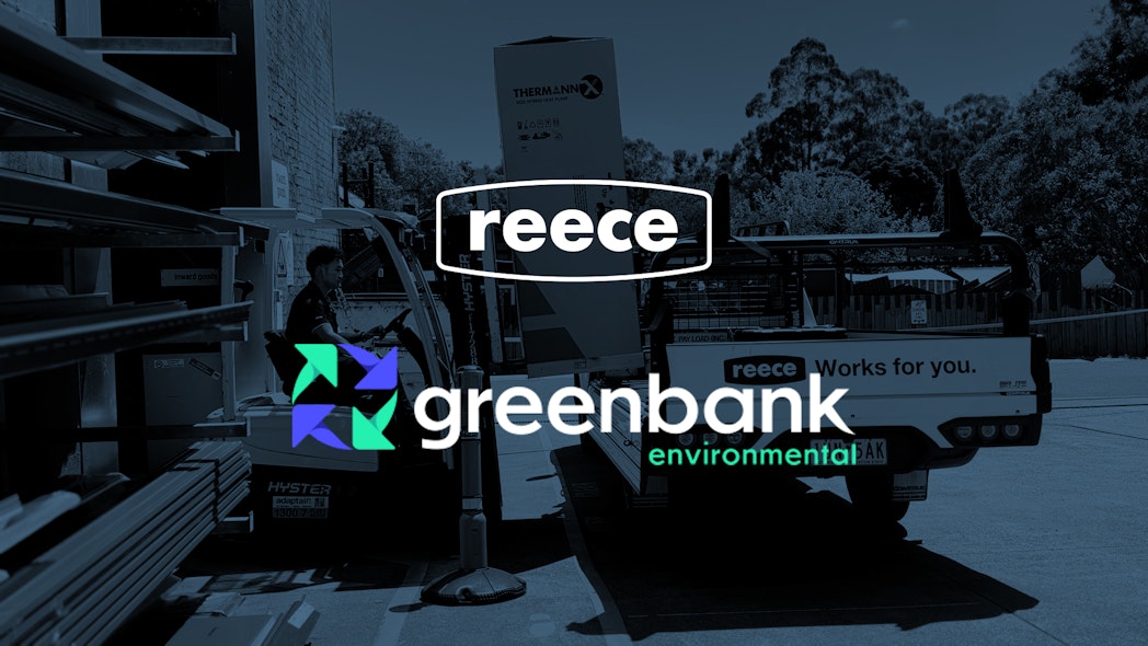 The Reece and Greenbank logos. The background image shows a heat pump hot water system being loaded by a forklift into a Reece ute.