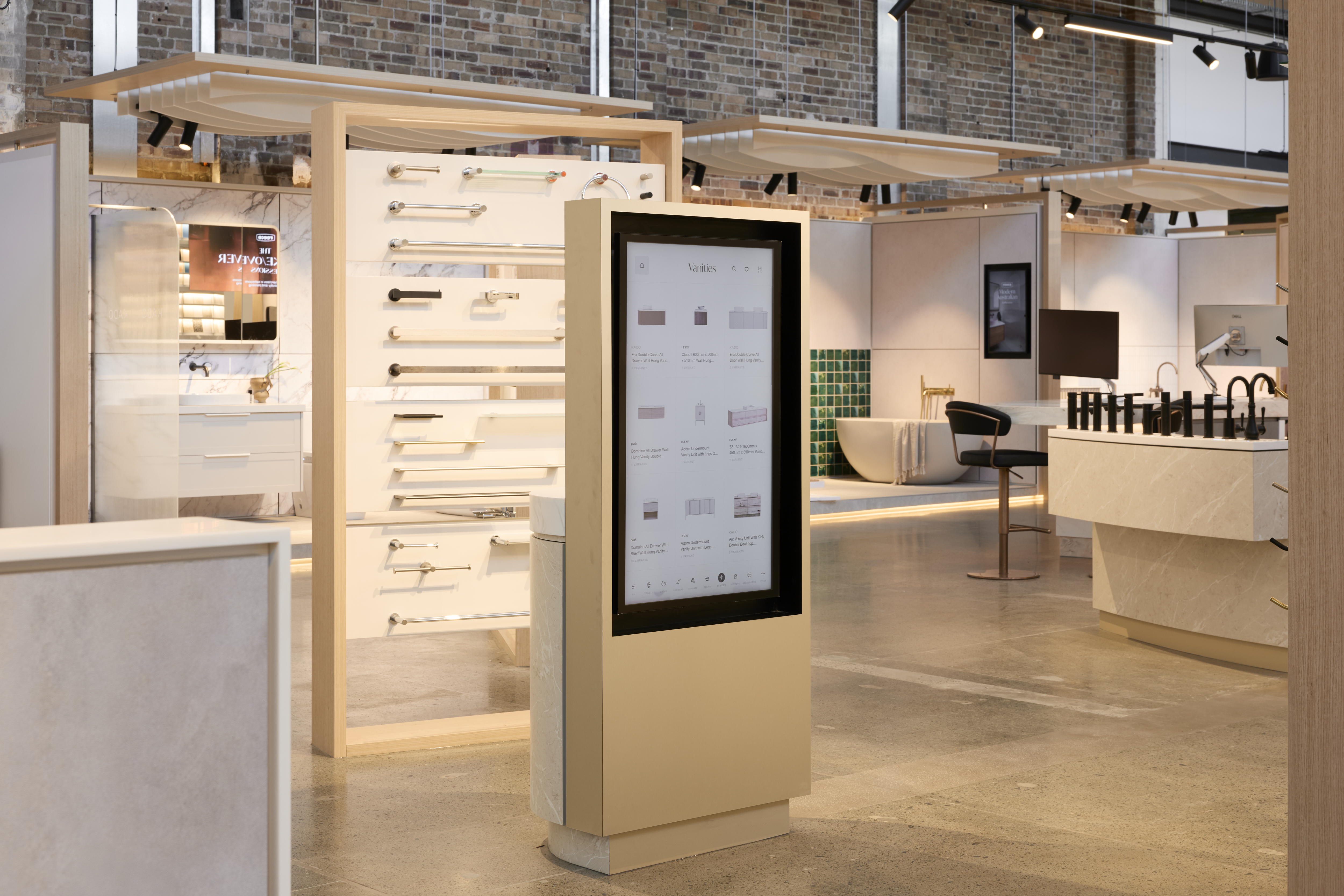 A vertical display in the centre of the showroom enables customers to touch the screen and explore our range or build their vanity.