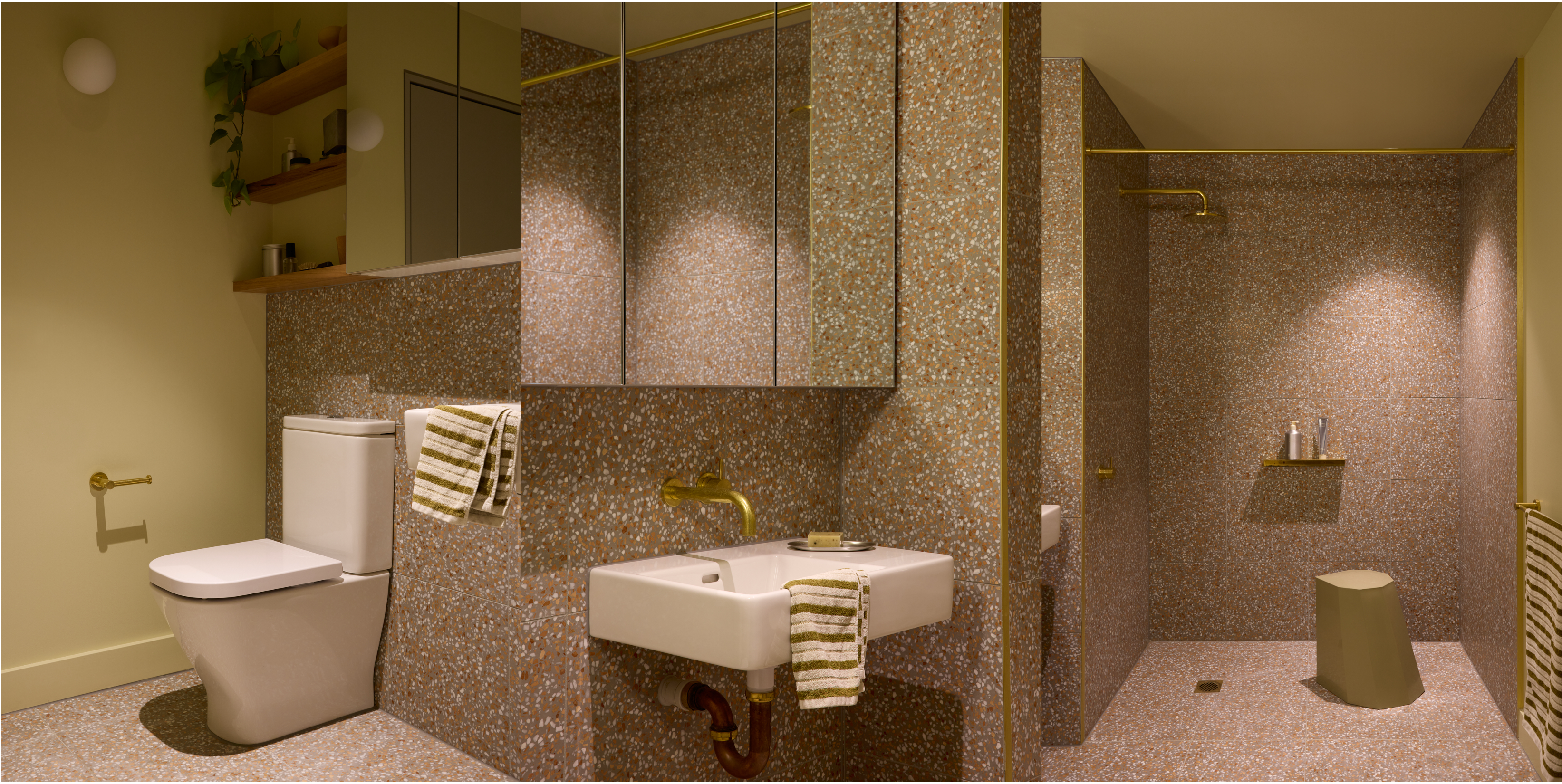 Multiple images that showcase accessible bathroom featuring Sussex tapware in gold