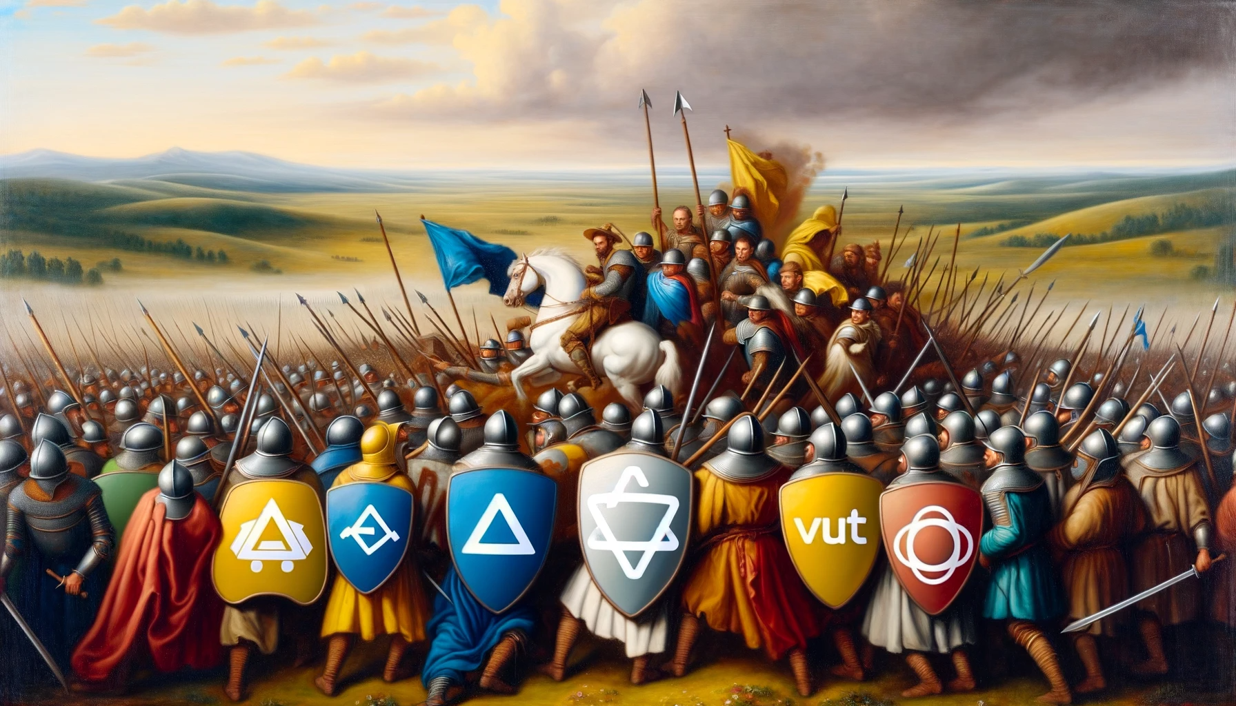 Landscape-oriented image in the style of an oil painting from the Renaissance period, depicting "The Battle of Frameworks.