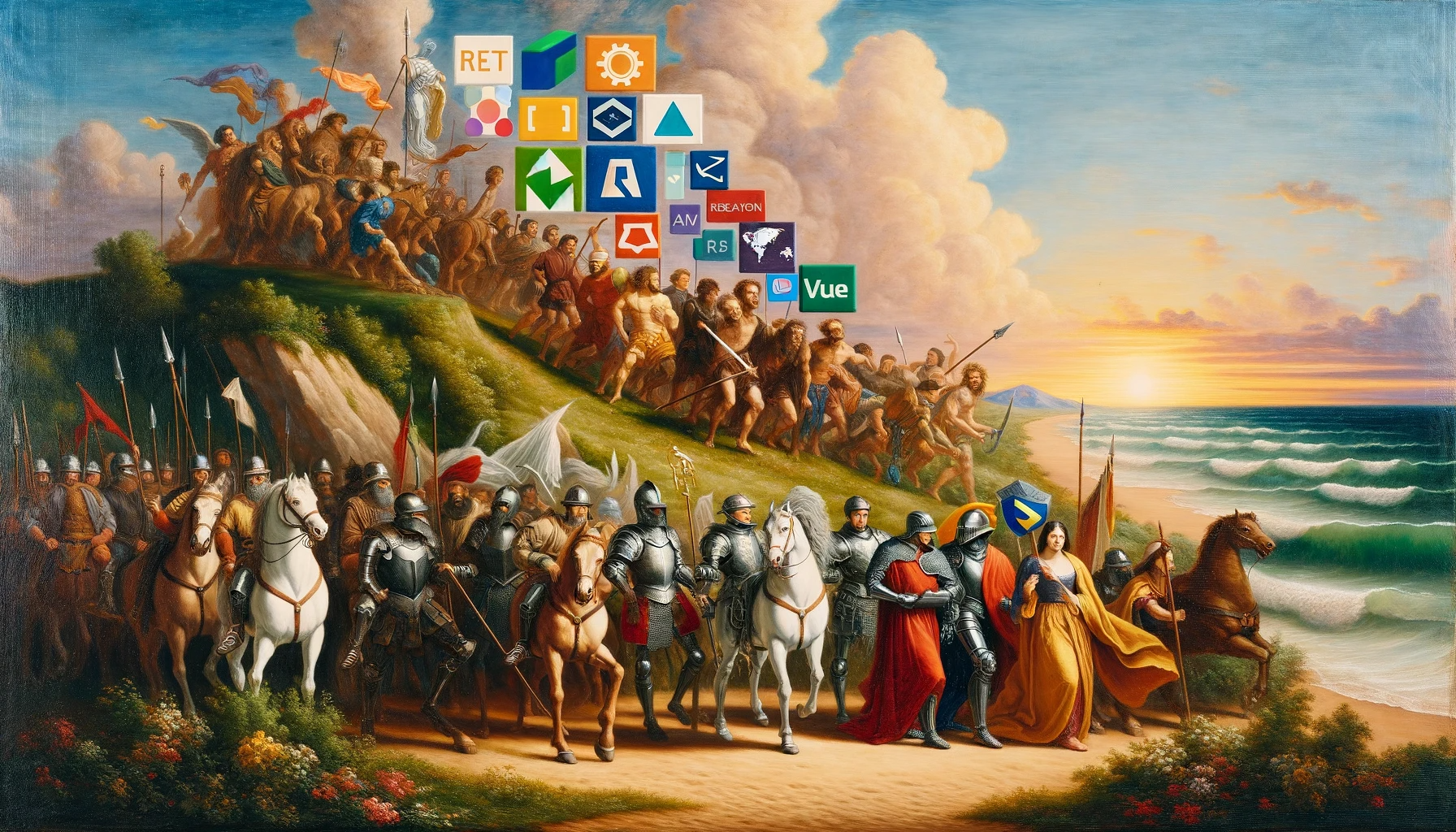 landscape-oriented images in a Renaissance oil painting style, depicting the evolution of web development frameworks