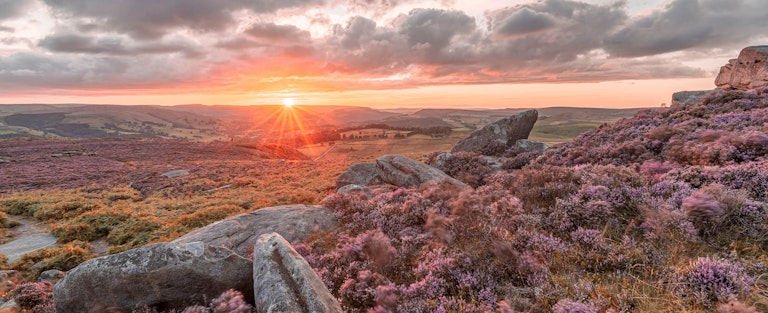 Windy heather sunset over Owler Tor