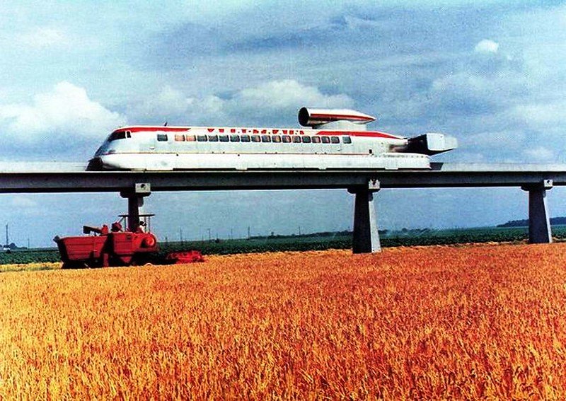 Aérotrain from 1964 on rails in a wheat field