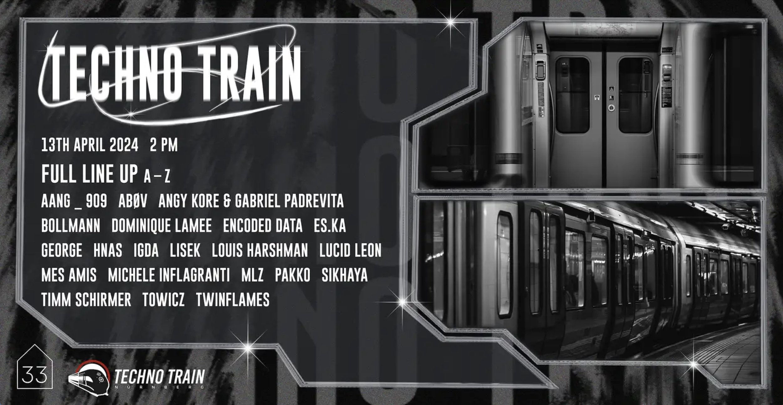 A poster for the Techno Train event with lineup of artists