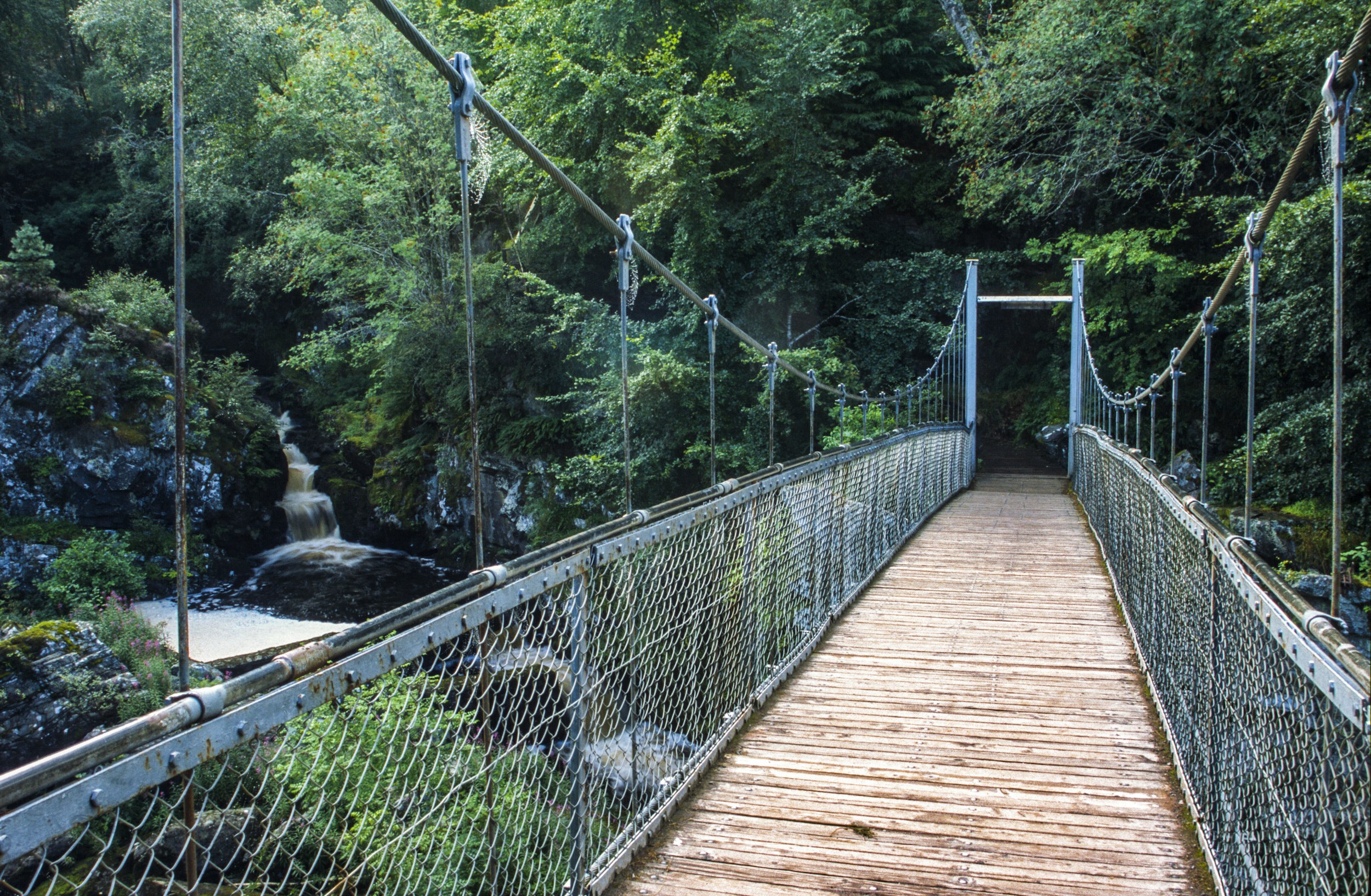 a wooden suspension bridge over a river surrounded by trees