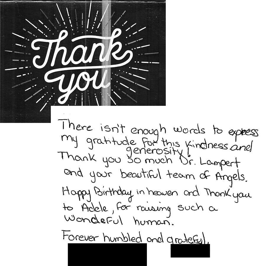 Thank you card addressed to Dr. Lampert