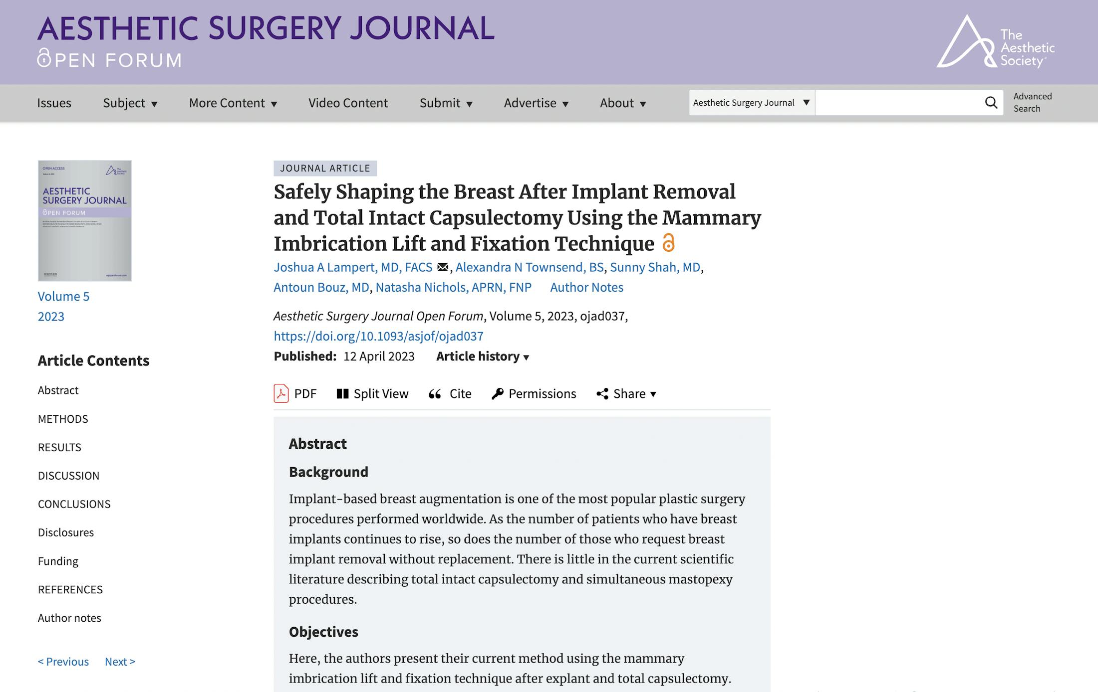 Aesthetic Surgery Journal article written by Dr. Lampert