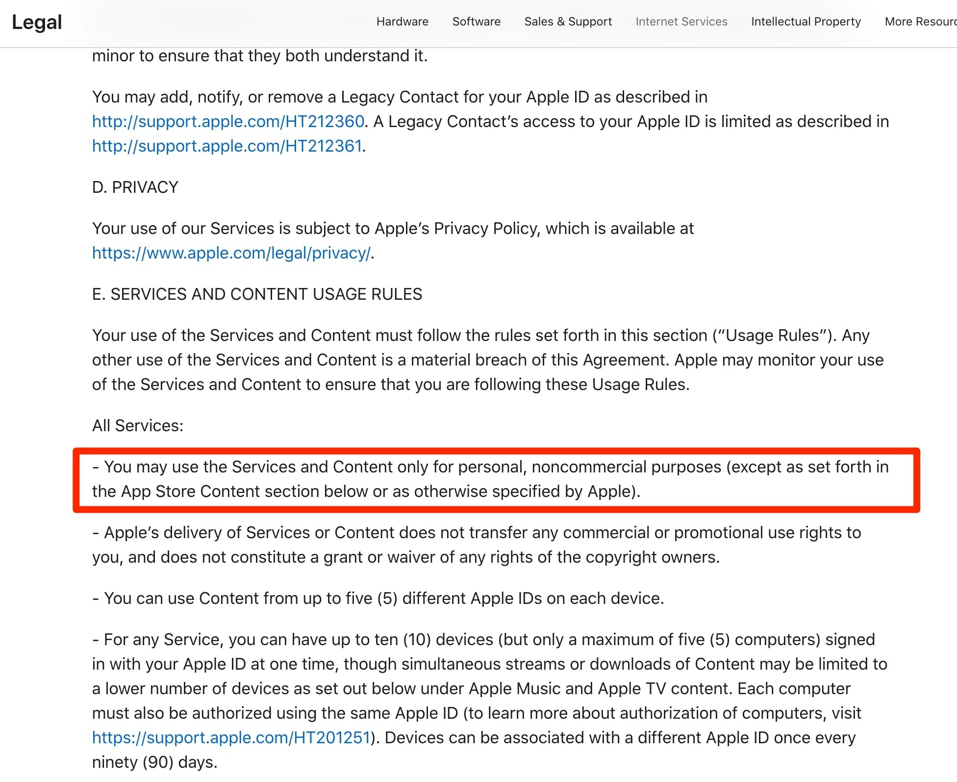 Screenshot of Apple's legal document highlighting the services and content usage rules, specifying that services and content may only be used for personal, noncommercial purposes.