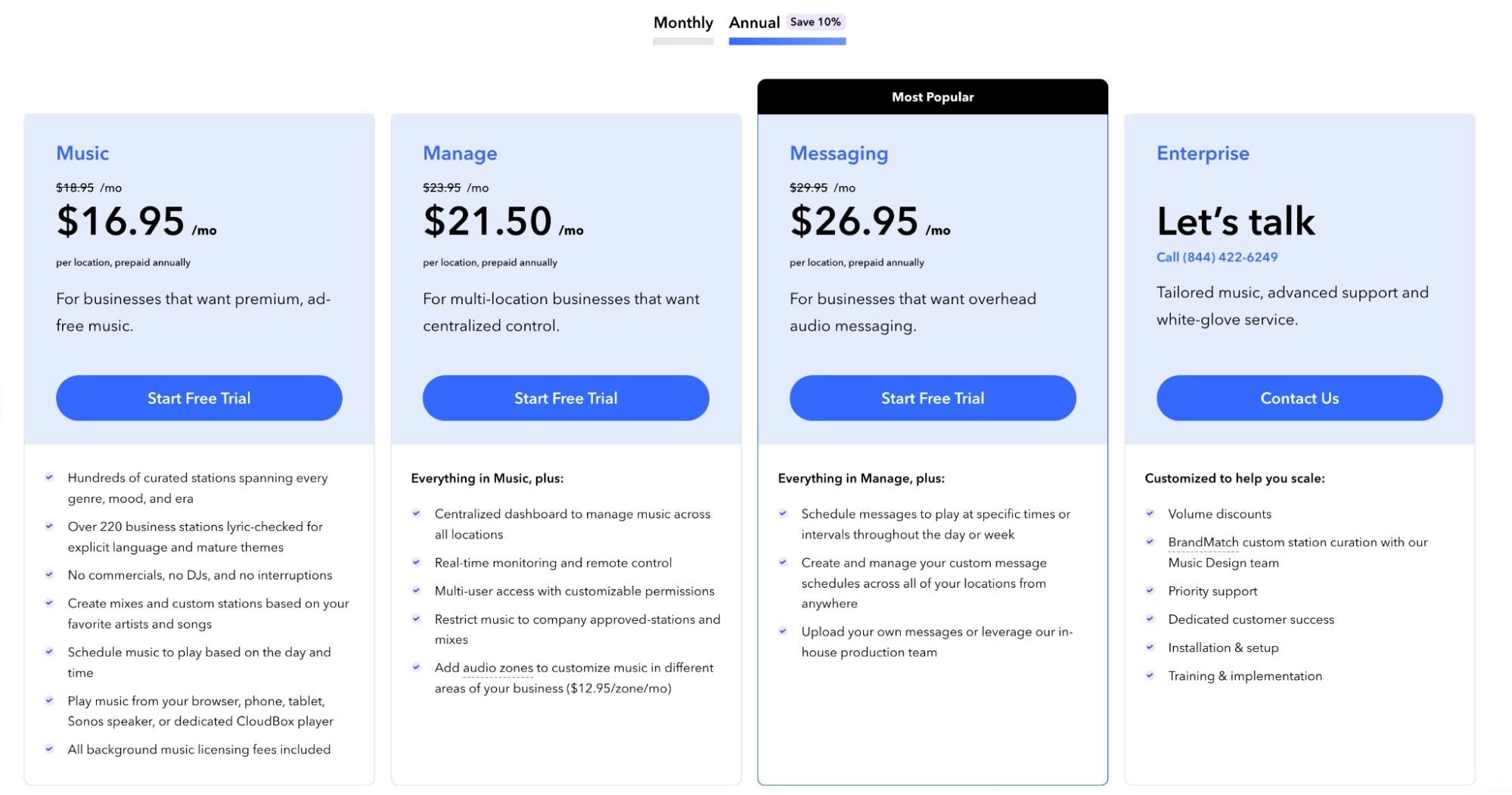 Pandora CloudCover pricing plans comparison, showing options for Music, Manage, Messaging, and Enterprise services with their respective prices, features, and free trial offers.