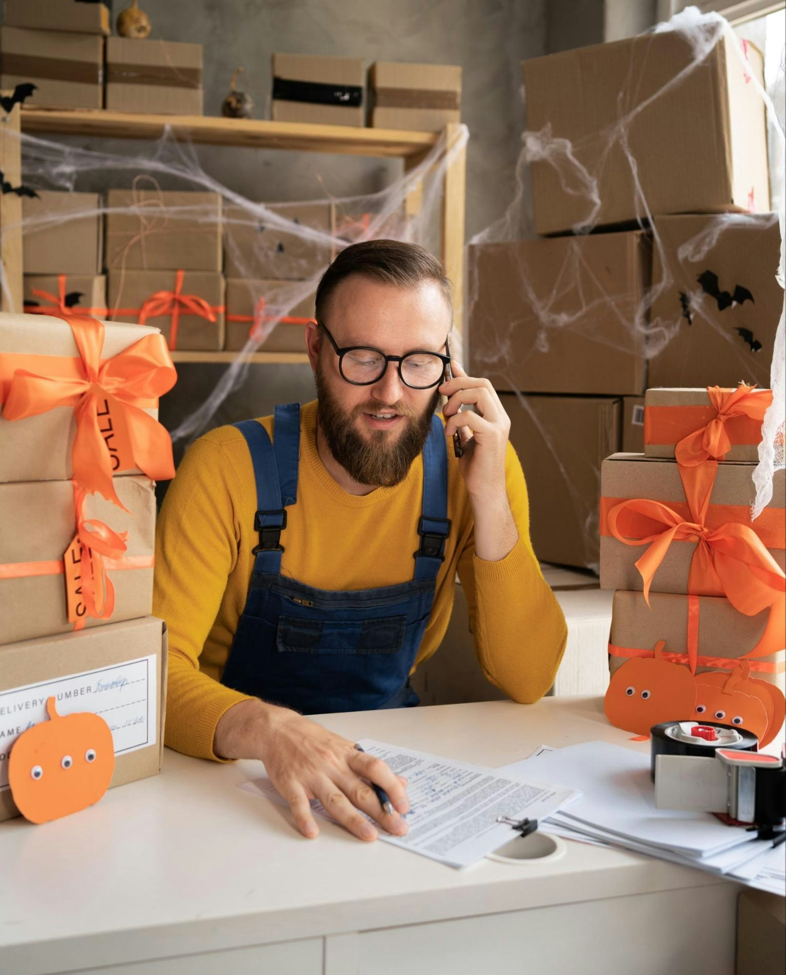 Small business owner preparing Halloween-themed packages, wearing yellow and blue overalls, surrounded by boxes decorated with orange ribbons and spider webs, while talking on the phone.