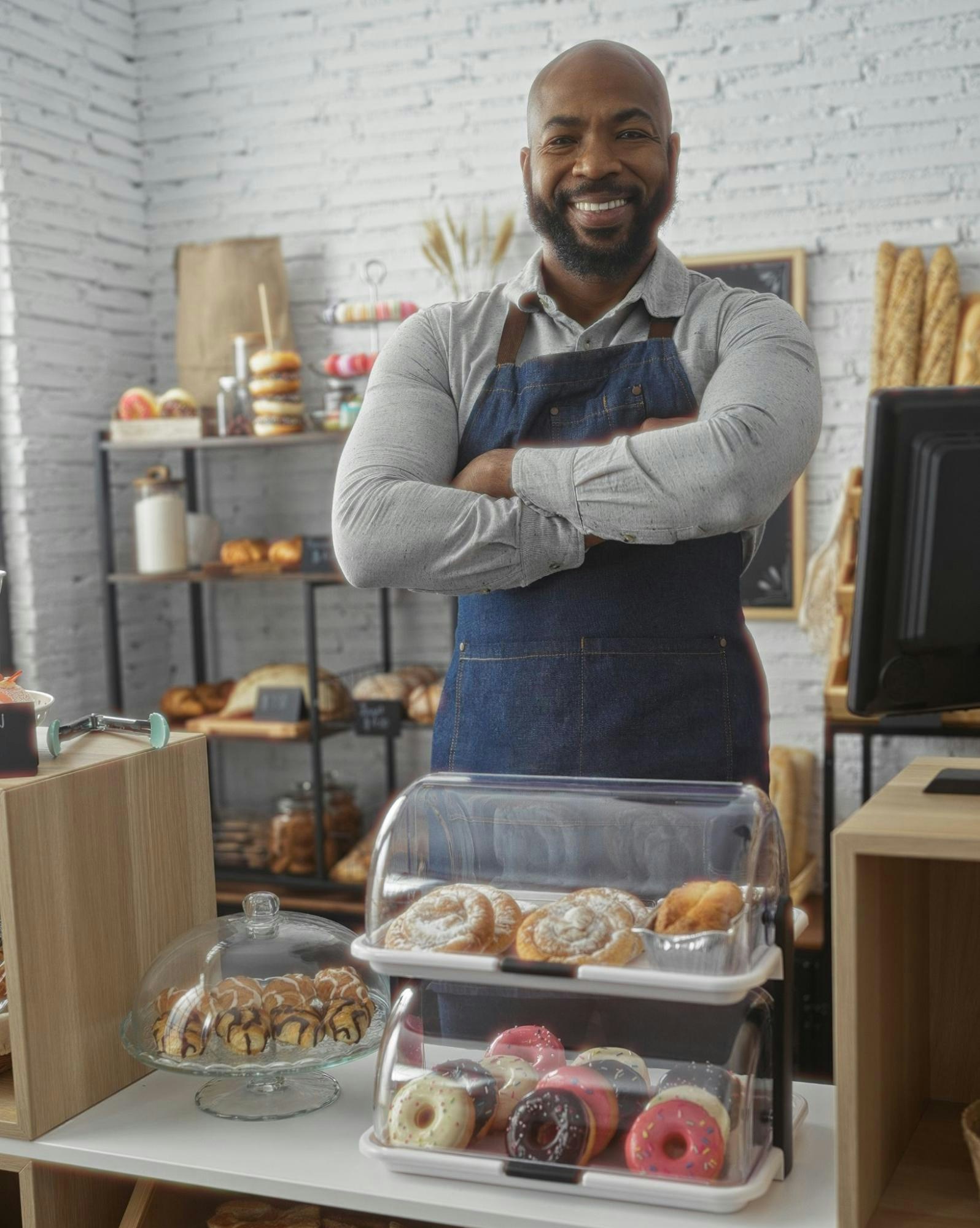 A smiling baker standing confidently with arms crossed, wearing an apron over a button-down shirt in a cozy bakery setting. Behind him, shelves display a variety of baked goods, including donuts, croissants, and baguettes, creating a warm and inviting atmosphere.