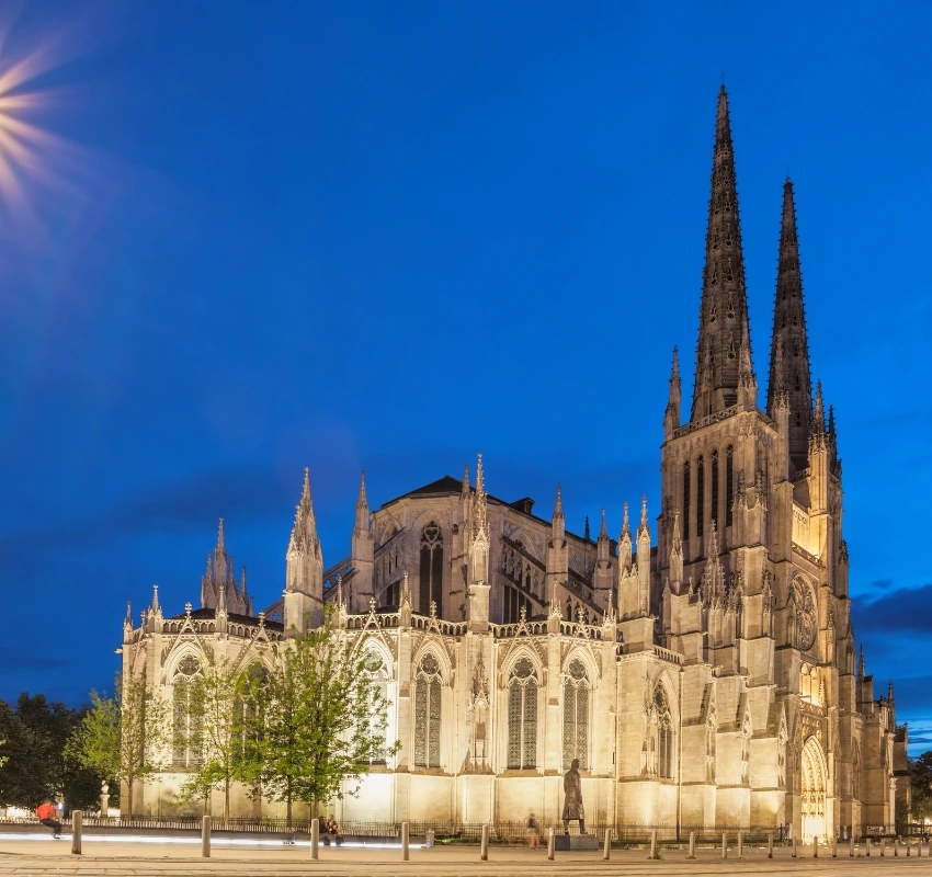 View of Bordeaux Cathedral lit up in the evening