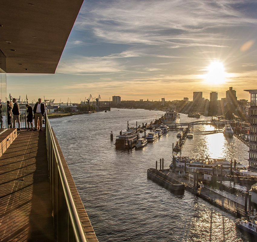 View of Hamburg harbour from the Elbphilharmonie Plaza