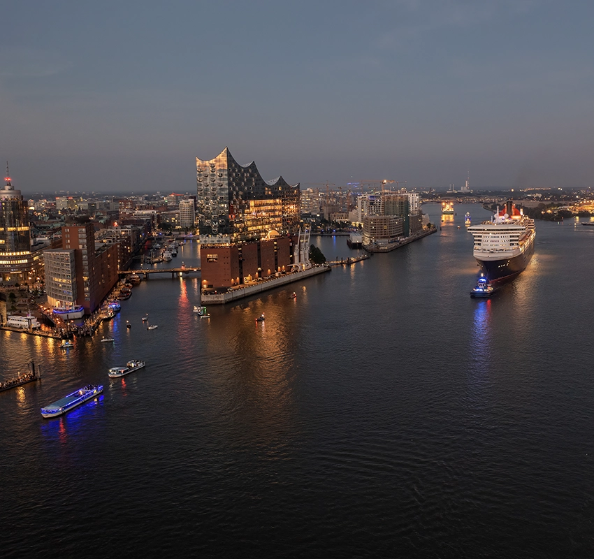 Wide view of Hamburg harbour in the evening