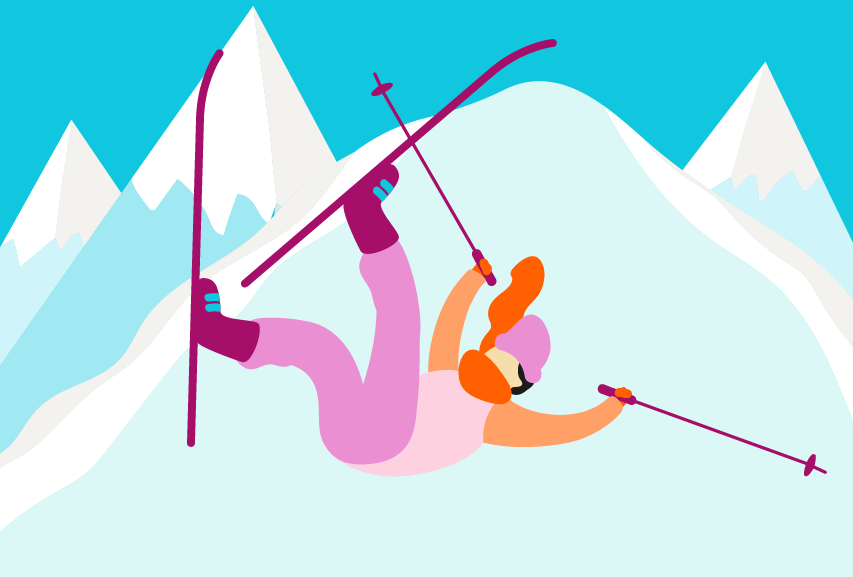 Illustration of a skier falling down and mountains in the background