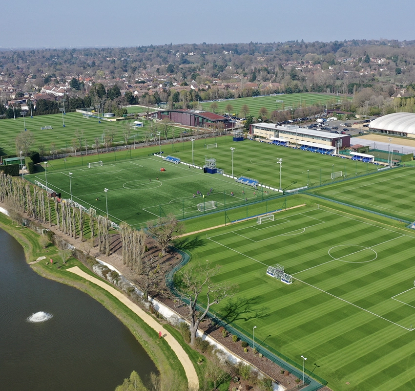 Wide shot of outdoor football pitches at Chelsea FC