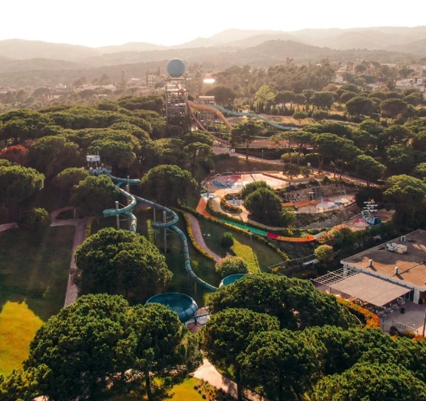 Aerial view over Water World water park on the Costa Brava