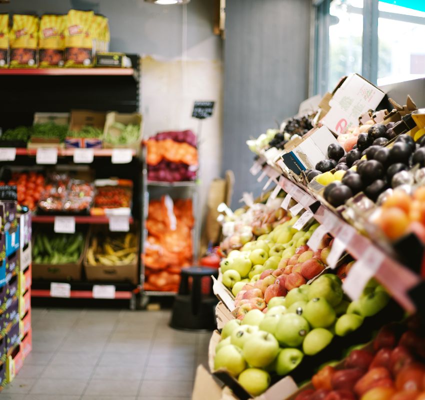 Fruit baskets inside a local French supermarket