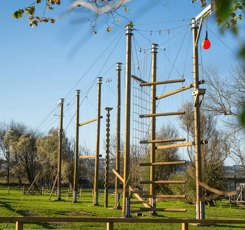 Wooden climbing apparatus with high ropes and balancing logs