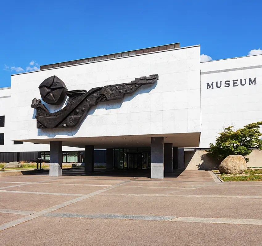 Front entrance of a modern looking history museum