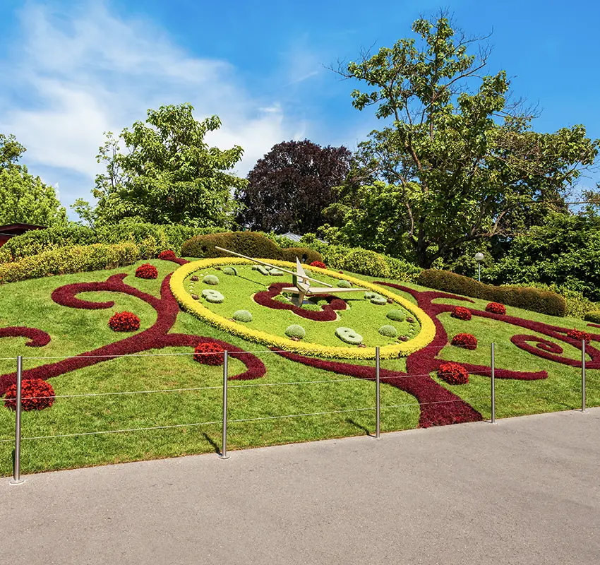 Colourful flower arrangements in the shape of a clock, with hands and numbers