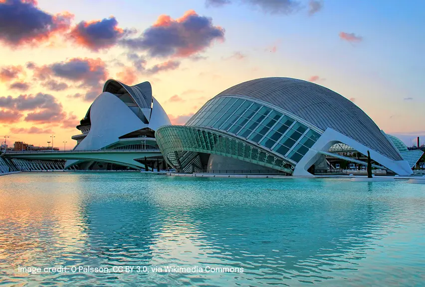 Sunset over the City of Arts & Science building in Valencia