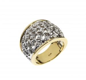 Close up on white background of a white and yellow gold ring