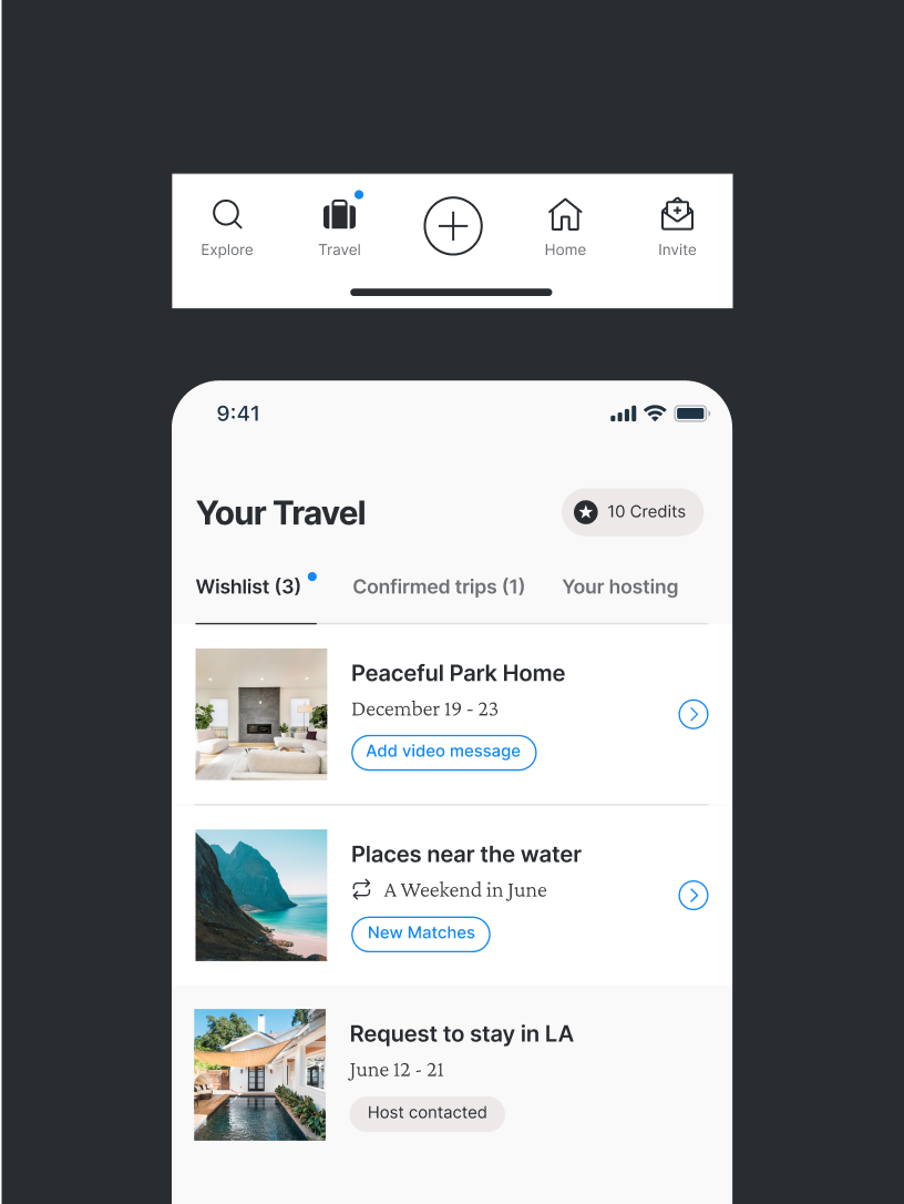 Kindred iOS app Wishlist & Trips screen