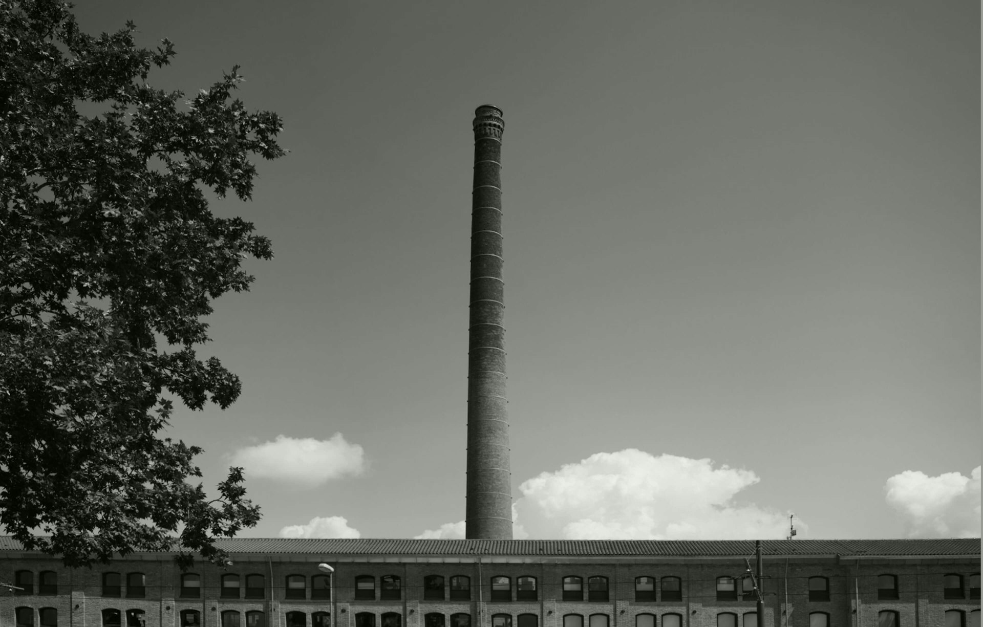Immagine in bianco e nero di un alto e sottile camino industriale che svetta su un edificio in mattoni a più piani con finestre ad arco. Un albero frondoso è in primo piano e soffici nuvole fluttuano nel cielo.