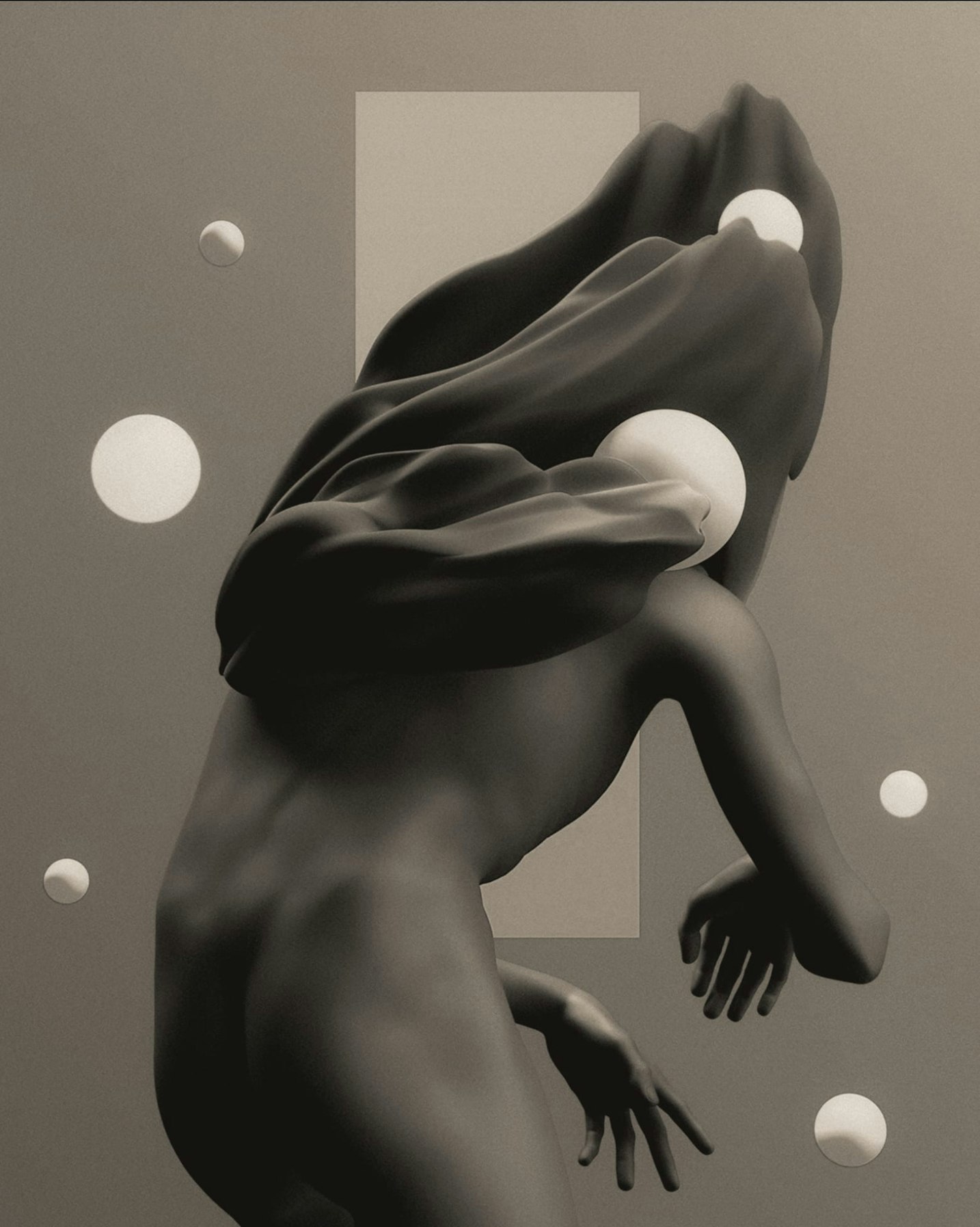 Un'immagine surreale e astratta in bianco e nero raffigura una figura umanoide con lineamenti distorti e forme fluide, circondata da sfere fluttuanti su uno sfondo minimalista.