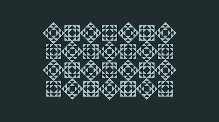 Un motivo composto da più forme geometriche disposte in una griglia. Il design presenta triangoli azzurri che formano quadrati e rombi, su uno sfondo verde acqua scuro. L'effetto complessivo è simmetrico e tassellato.