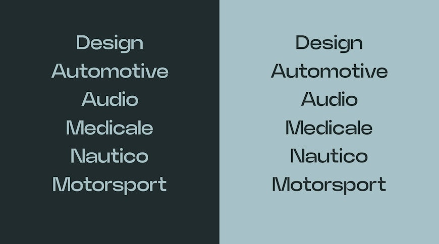 Due colonne mostrano elenchi identici di parole: Design, Automotive, Audio, Medicale, Nautico, Motorsport. La colonna di sinistra ha sfondo scuro con testo chiaro, mentre la colonna di destra ha sfondo chiaro con testo scuro.