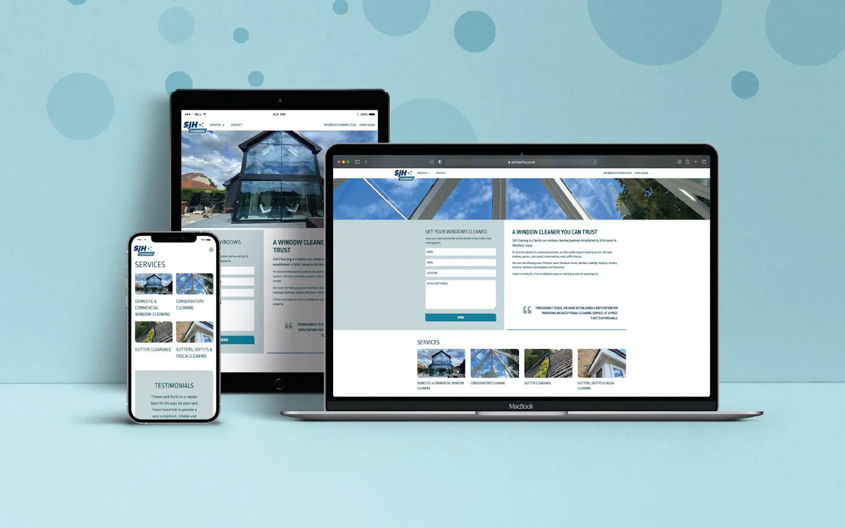 Website design by Kozo Creative for SJH Cleaning displayed on three screens