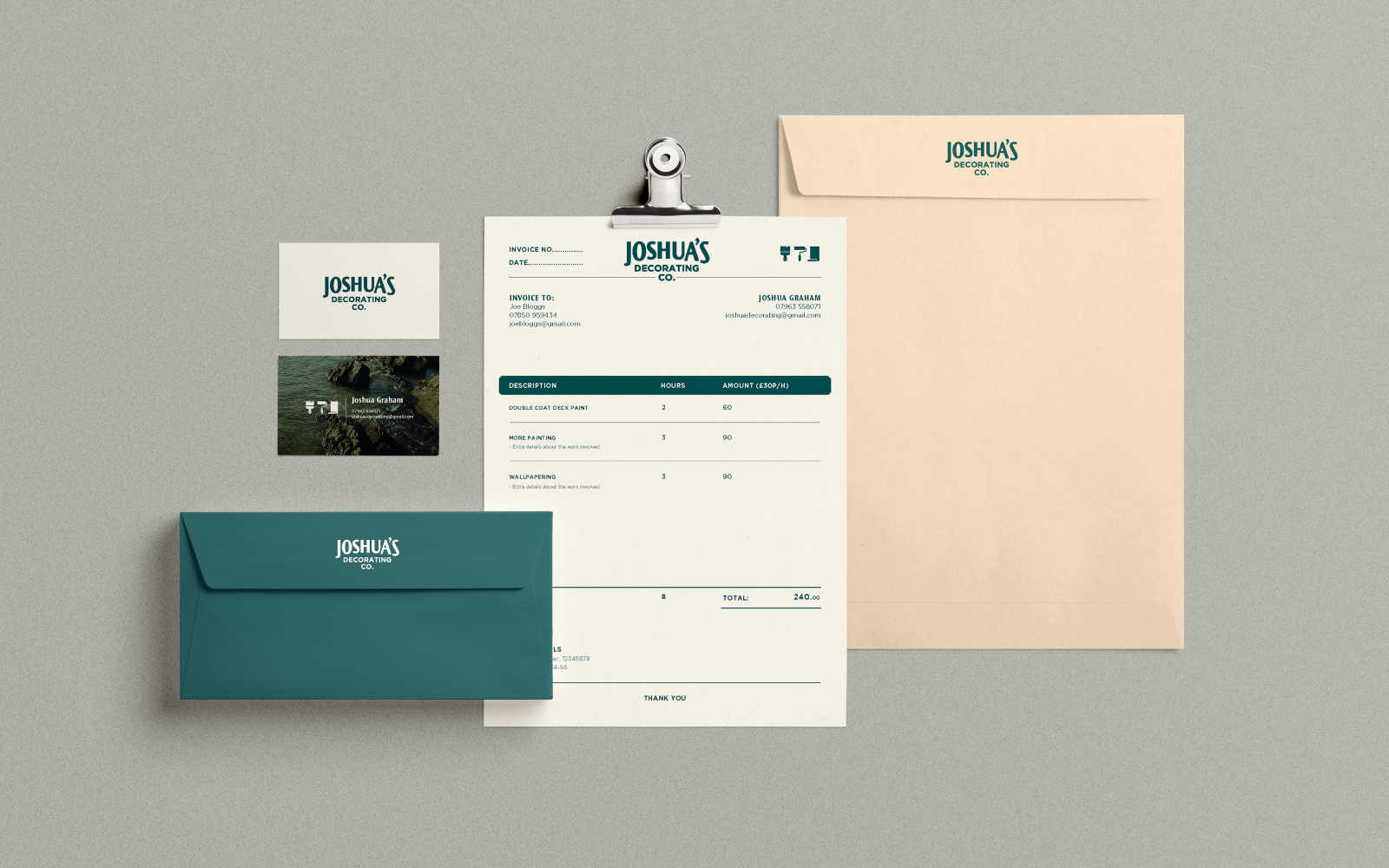 Range of printed materials designed for Joshua's Decorating Co, by Kozo Creative