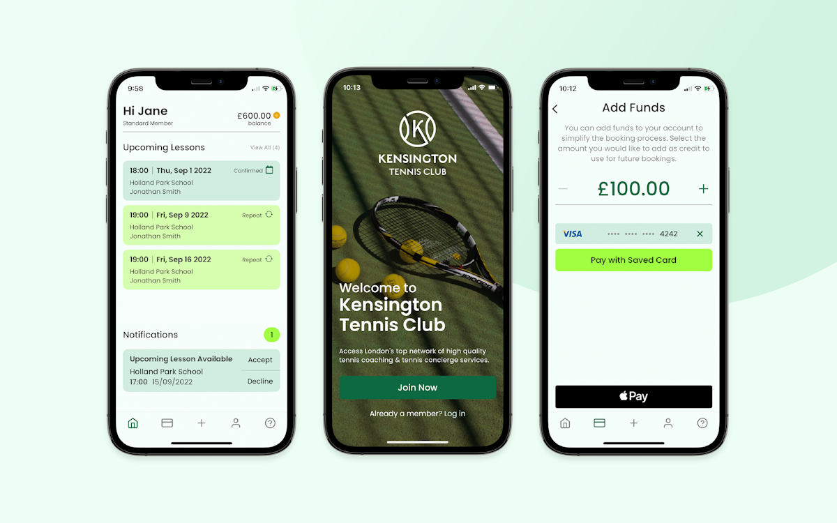 Lineup of three mobile phones displaying the Kensington Tennis Club app