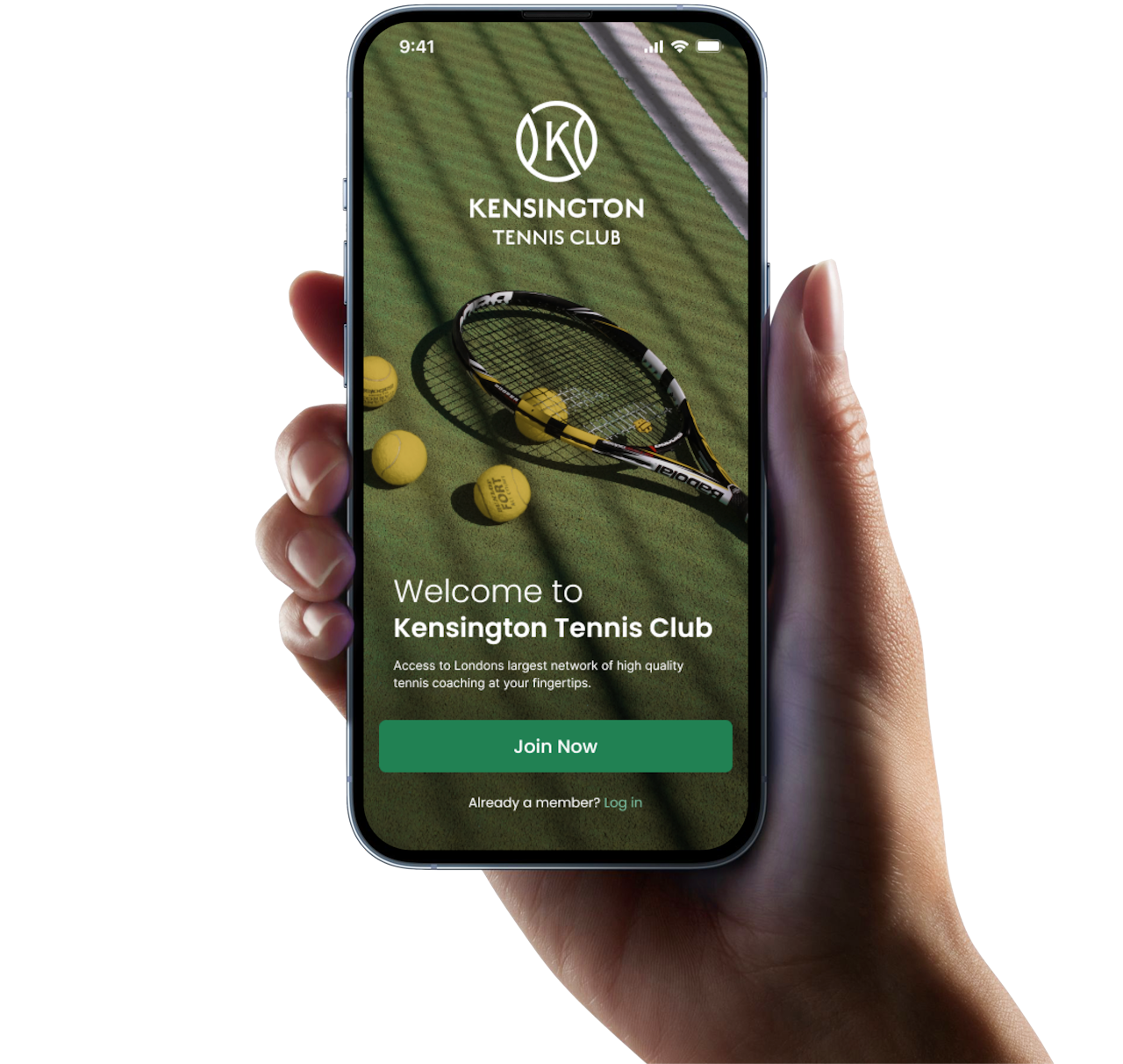 A hand holding a mobile phone with the welcome screen for Kensington Tennis Club on it.