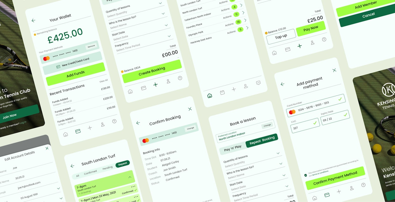 Screens from the Kensington Tennis Club mobile application, built by Kozo Creative.