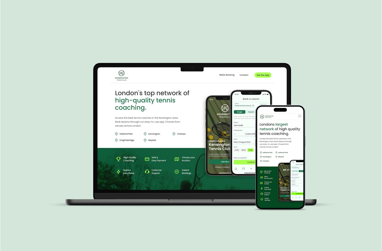 Mockups of the Kensington Tennis Club website on a laptop and mobile device