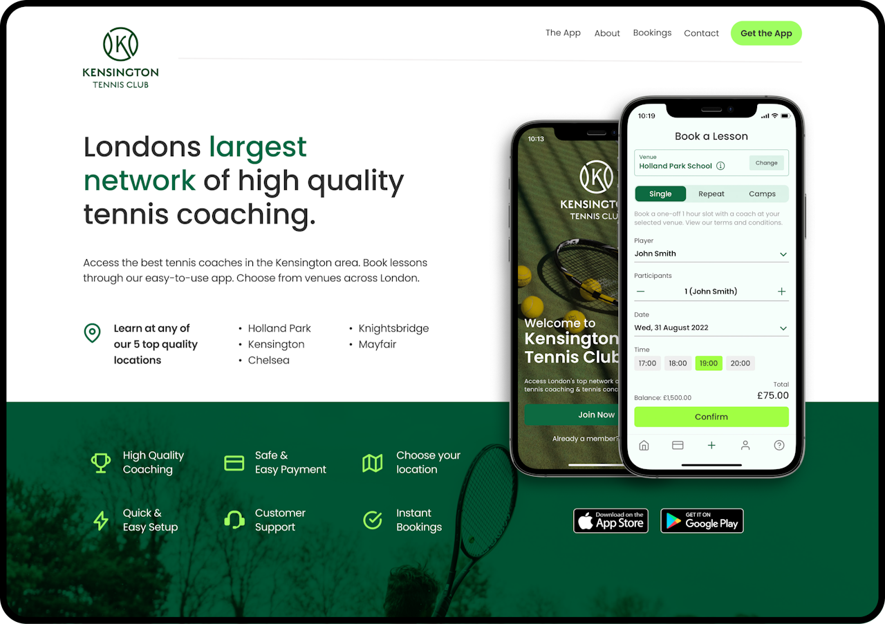 Mockup of the Kensington Tennis Club website home screen, designed by Kozo Creative