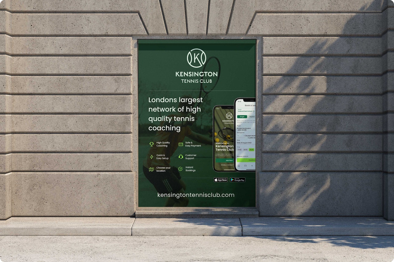Mockup of a Kensington Tennis Club poster advertising the club's mobile app